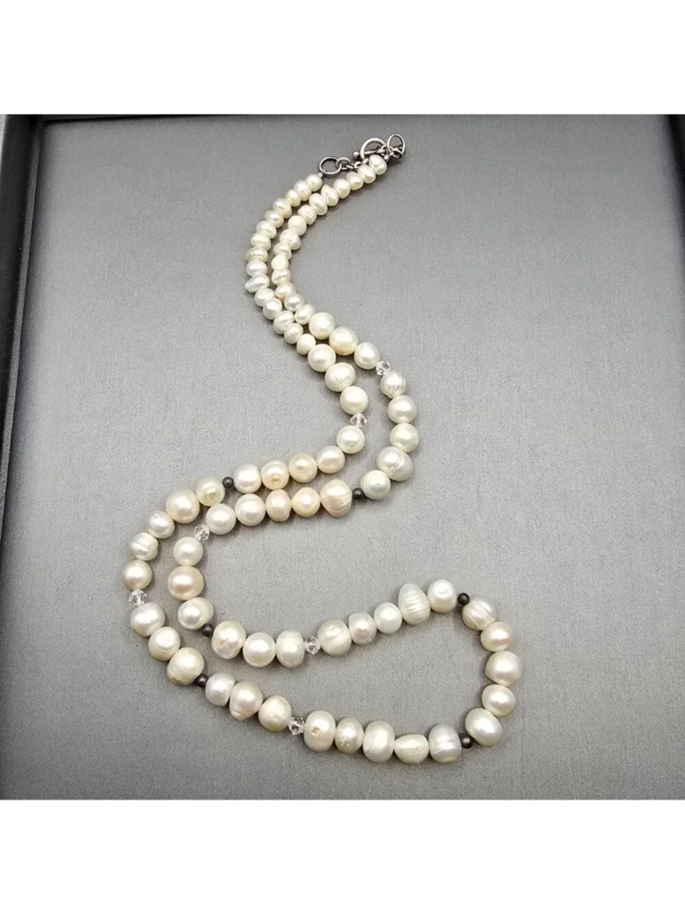 VTG White Graduated Baroque Pearl Necklace 22" Sterling Toggle Crystal Accents - Picture 13 of 13
